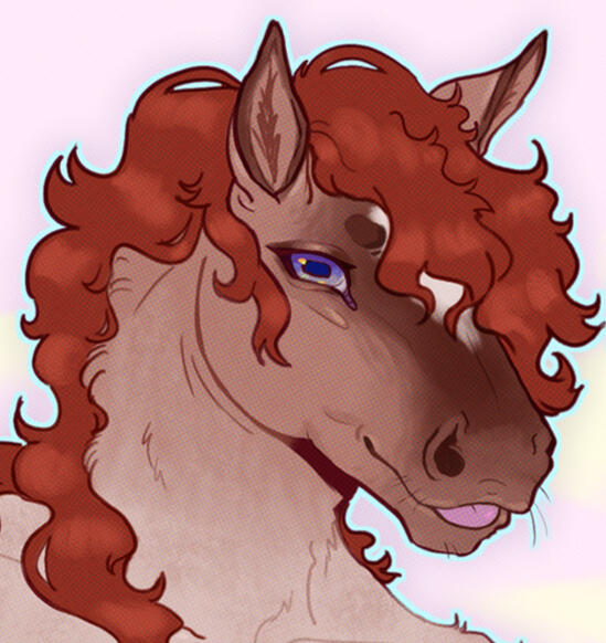 A headshot drawing of a chestnut dun roan curly horse with a red mane sticking out its tongue.